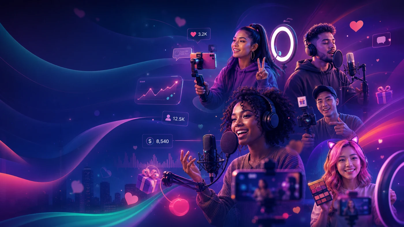 Promotional hero image showing creators live streaming, recording content, earning gifts, and growing on Lovezii
